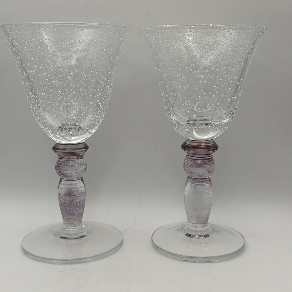 2 Wine Goblets Pottery Barn Hand Blown Bubble Glass Pink Iridescent 7.25